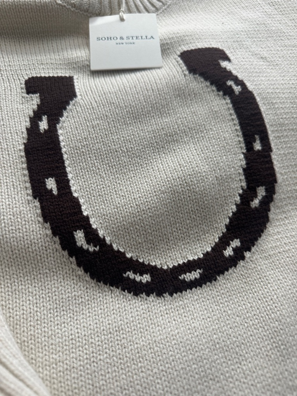 SOHO & STELLA horseshoe Cream Sweater with Brown Trim preppy - Picture 3 of 5